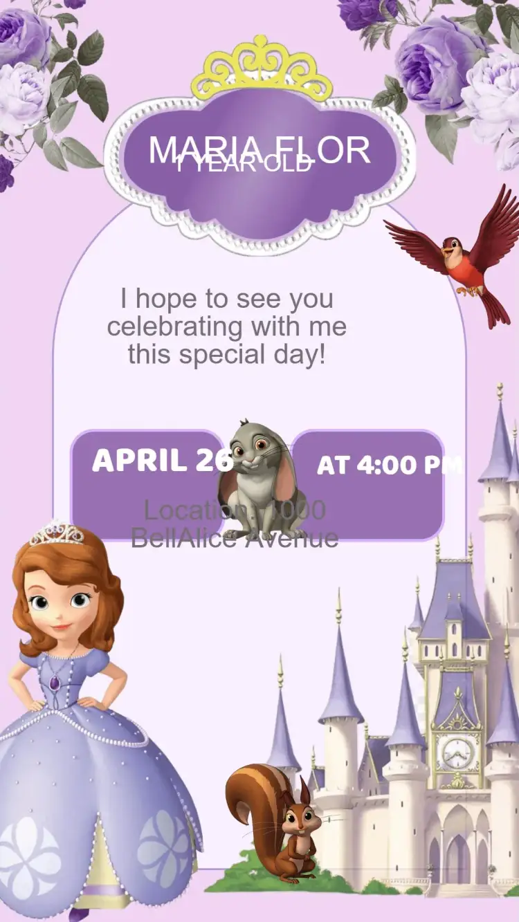 Invitation Princess Sofia Birthday Invitation – Kids' Birthday Party theme soft colors, magical, princesses, enchanted illustrations, fun style