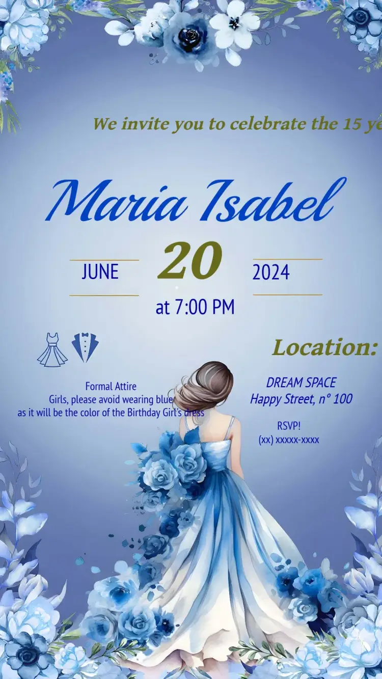 15th Blue Princess Party invitation