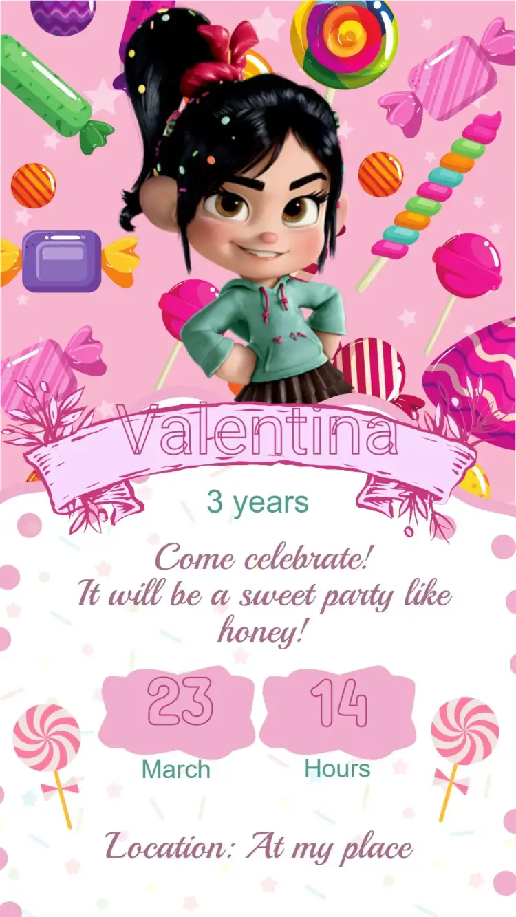 Invitation Digital Invitation Birthday Venelope Wrecks Ralph – Kids' Birthday Party theme colorful, fun-filled, themed, games, child-friendly, vivid