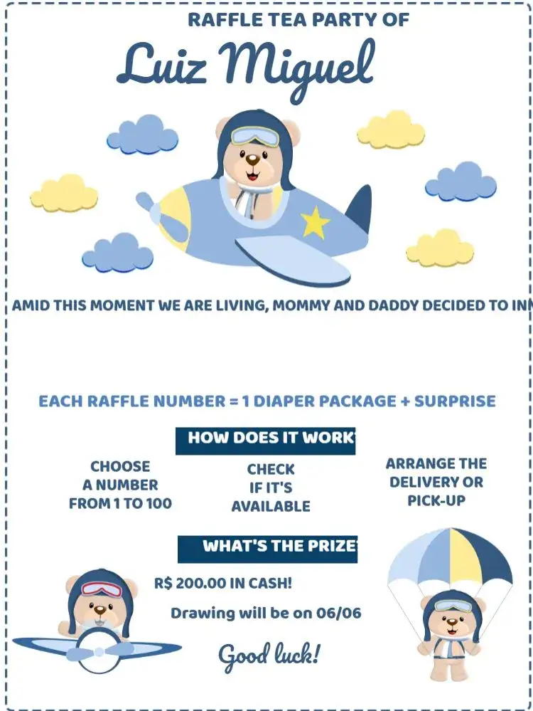 Invitation Tea Raffle Aviator Teddy Bear Balloonist – Raffle Tea theme blue, yellow, navy, balloons, teddy bear, aviator