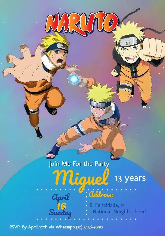 Invitation Blue Naruto – Kids' Birthday Party theme blue, anime, colorful illustrations, lively, fun, themed