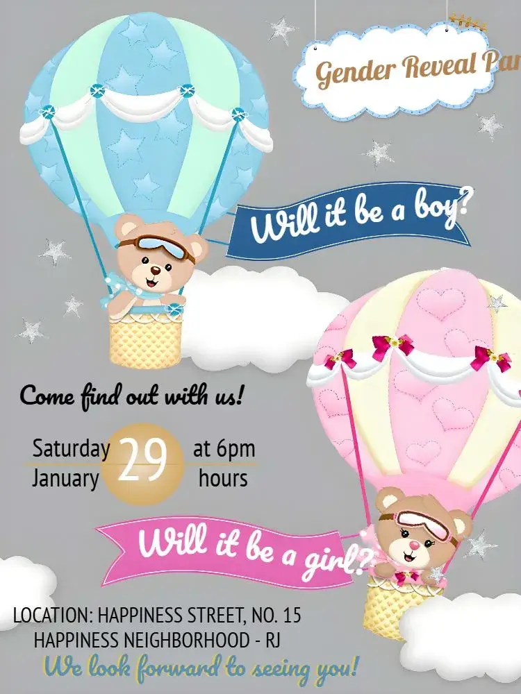 Teddy Bear Balloonists Gender Reveal Party invitation
