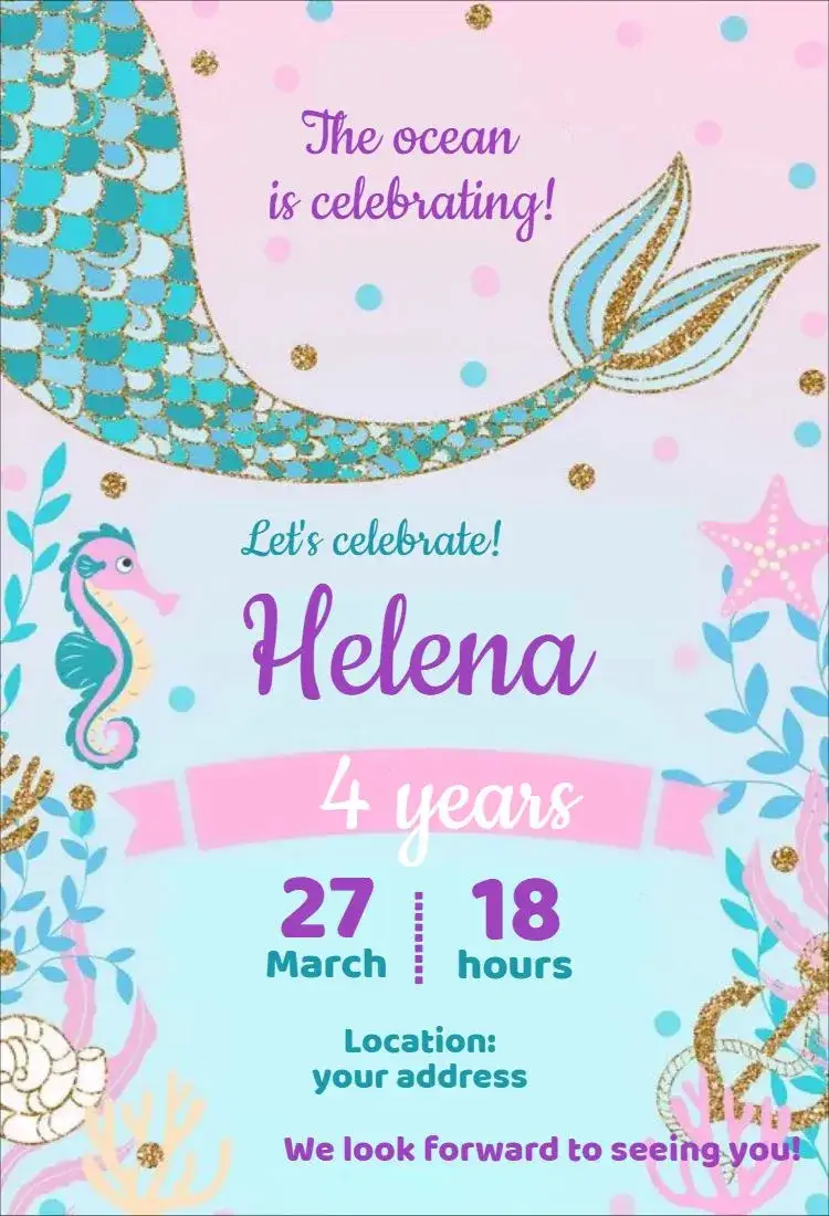 Invitation Watercolor Mermaid 1 – Kids' Birthday Party theme watercolor, navy blue, pastel colors, fantasy, playful illustration