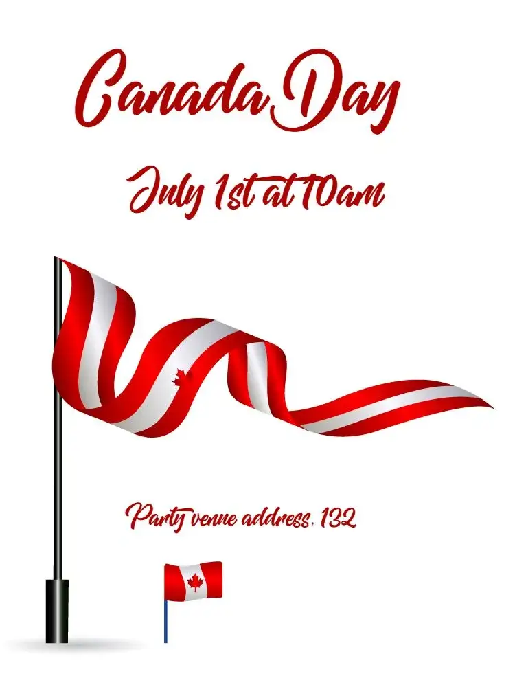 Invitation Canada Day Holiday – Commemorative Dates theme red and white colors, elements of the Canadian flag, modern style, festive design, cultural illustrations, bold typography
