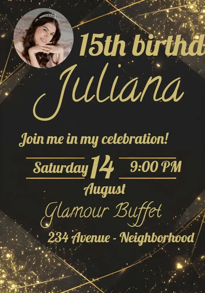 Invite 15 Years Golden With Black Photo editable and customizable