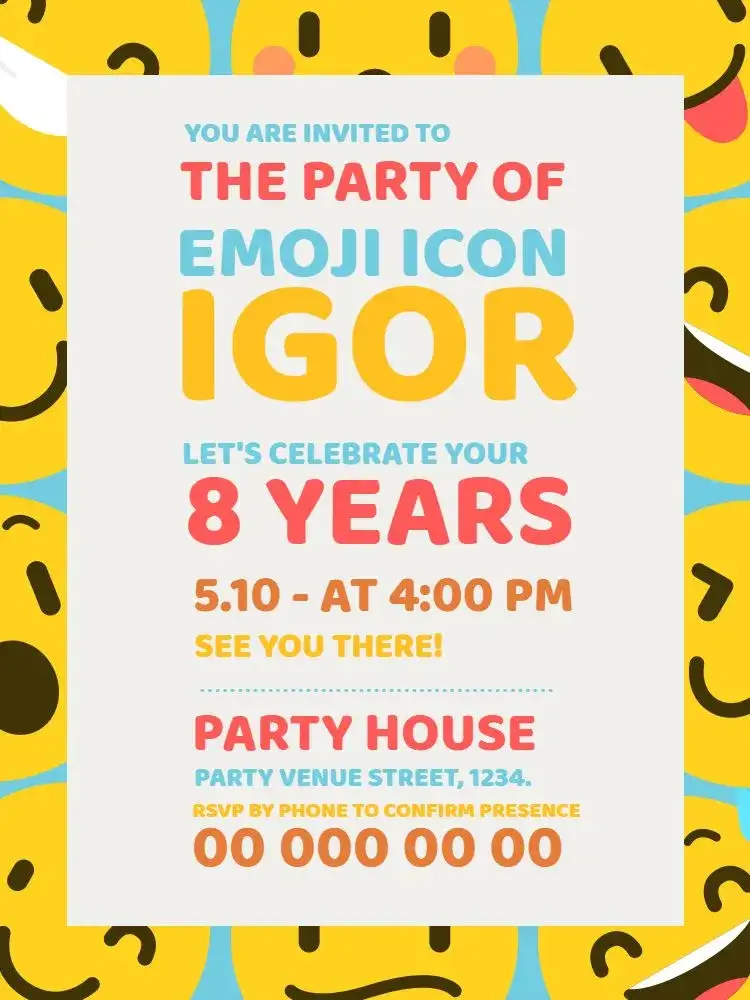 Invitation Emojis Infantil – Kids' Birthday Party theme colorful, fun, modern, youthful, cheerful