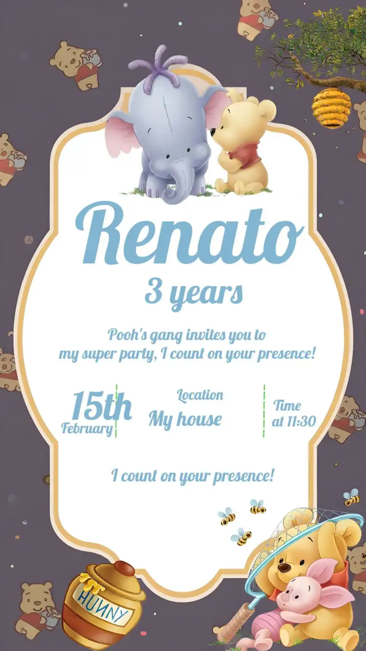Invitation Pooh Bear Theme – Kids' Birthday Party theme colorful, childlike, playful, animals, nature-themed, fun