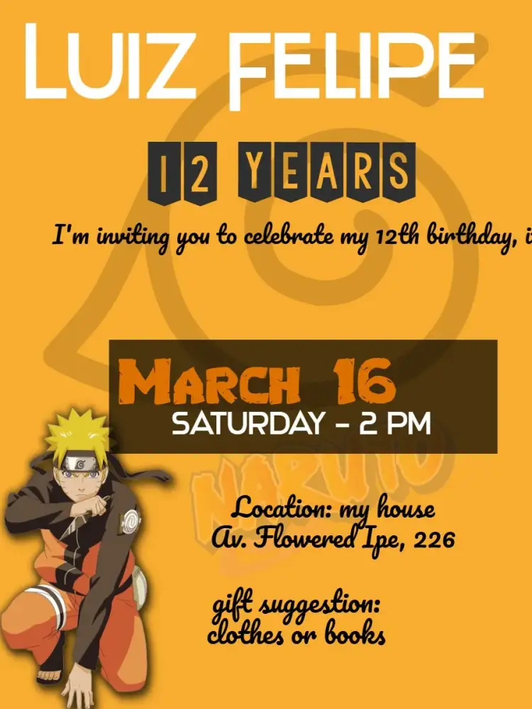 Yellow Naruto invitation