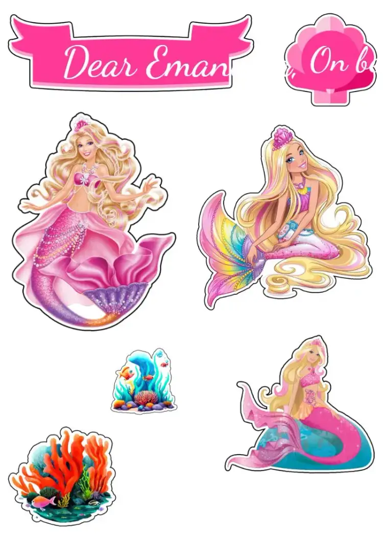 Invitation Barbie Mermaid Cake Topper – Cake topper theme colorful, navy blue, magical, childlike, vibrant, fun