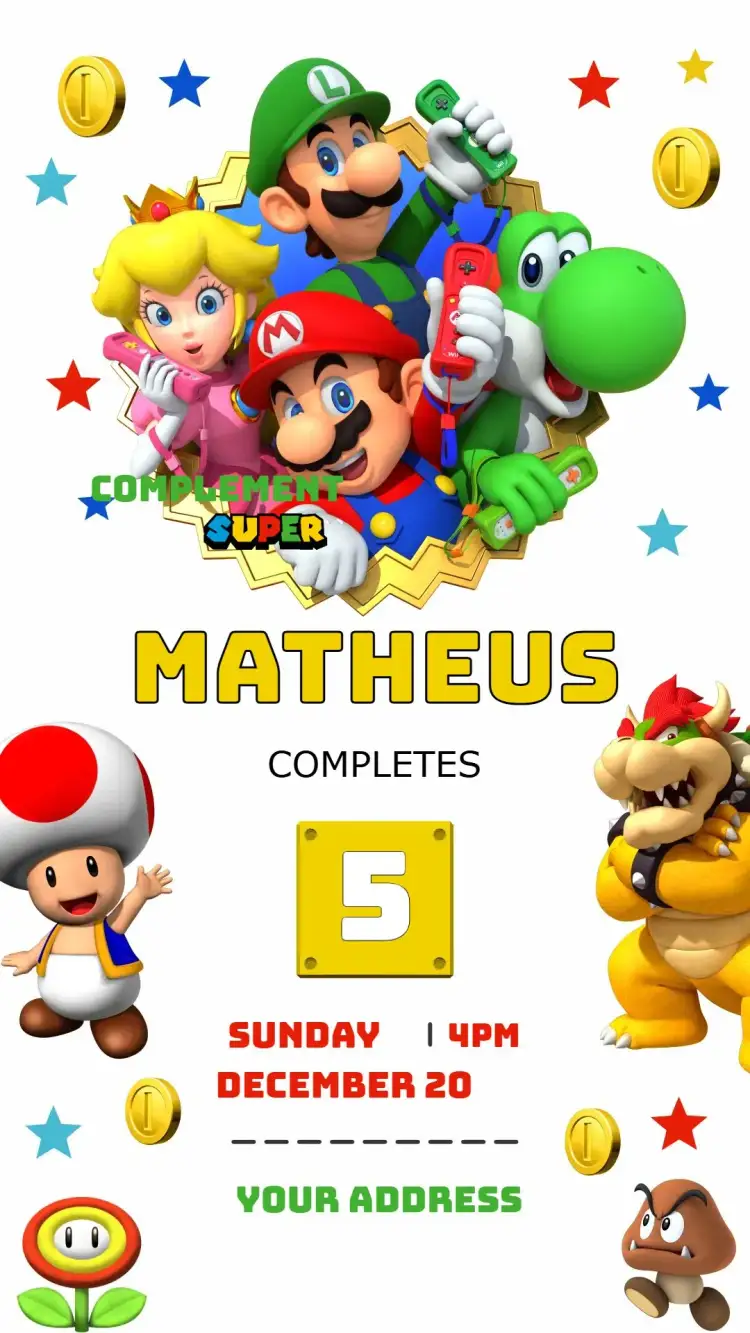 Invitation Super Mario – Kids' Birthday Party theme colorful, fun-filled, games, vibrant, themed, child-friendly