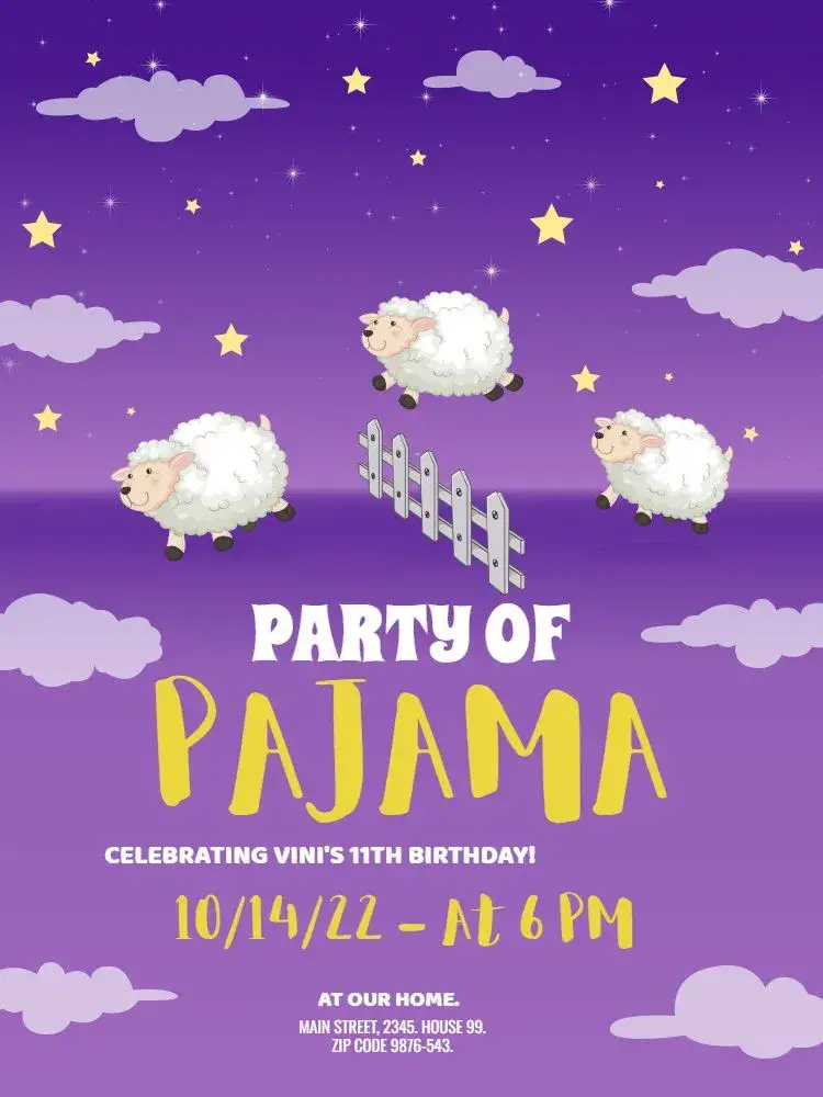 Invitation Playful Pajama Party – Kids' Birthday Party theme playful, fun-filled, soft, childlike, colorful, nighttime