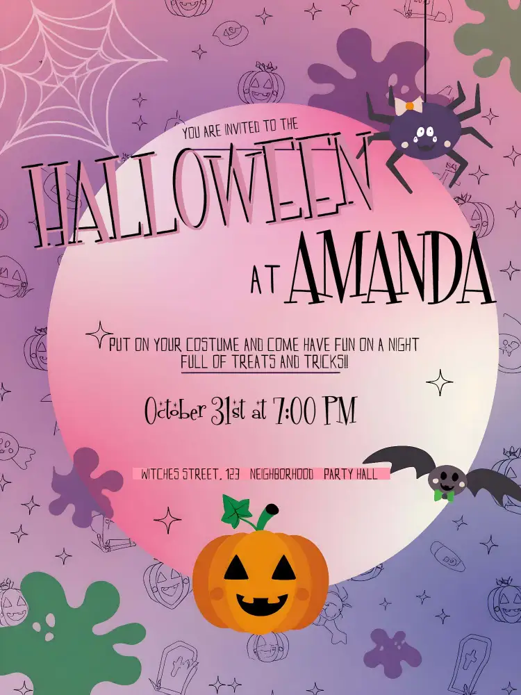 Invitation Halloween Hallowwen Party – Commemorative Dates theme dark colors, gothic elements, playful style, witch illustrations, decorative pumpkins, mysterious atmosphere