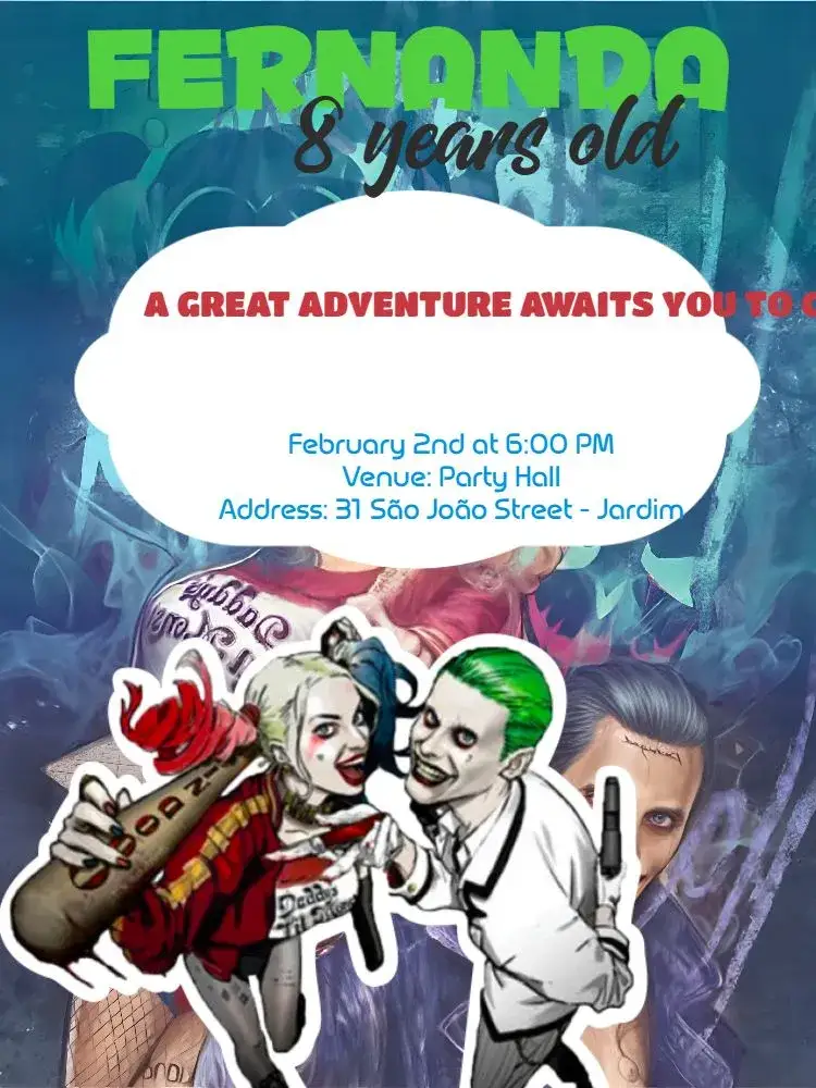 Invitation Harley Quinn And Joker Banner – Kids' Birthday Party theme colorful, themed, vibrant, fun-filled, comic book, modern