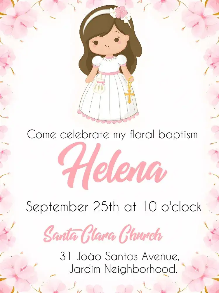 Invitation Girl's Baptism – Baptism theme floral, delicate, pink, white, cherubs