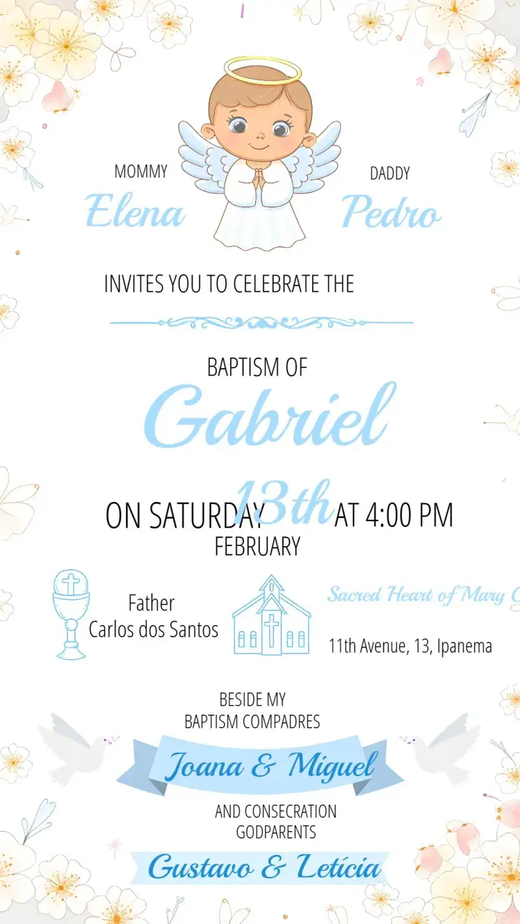 Invitation Covnite Baptism Flower Invitation – Baptism theme floral, blue, modern, delicate, childlike