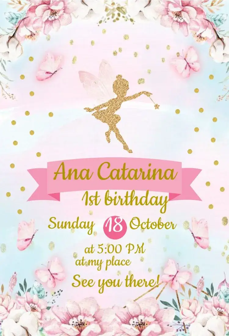 Invitation Fairy Fadinha – Kids' Birthday Party theme floral, golden, magical, colorful, fantasy, childish