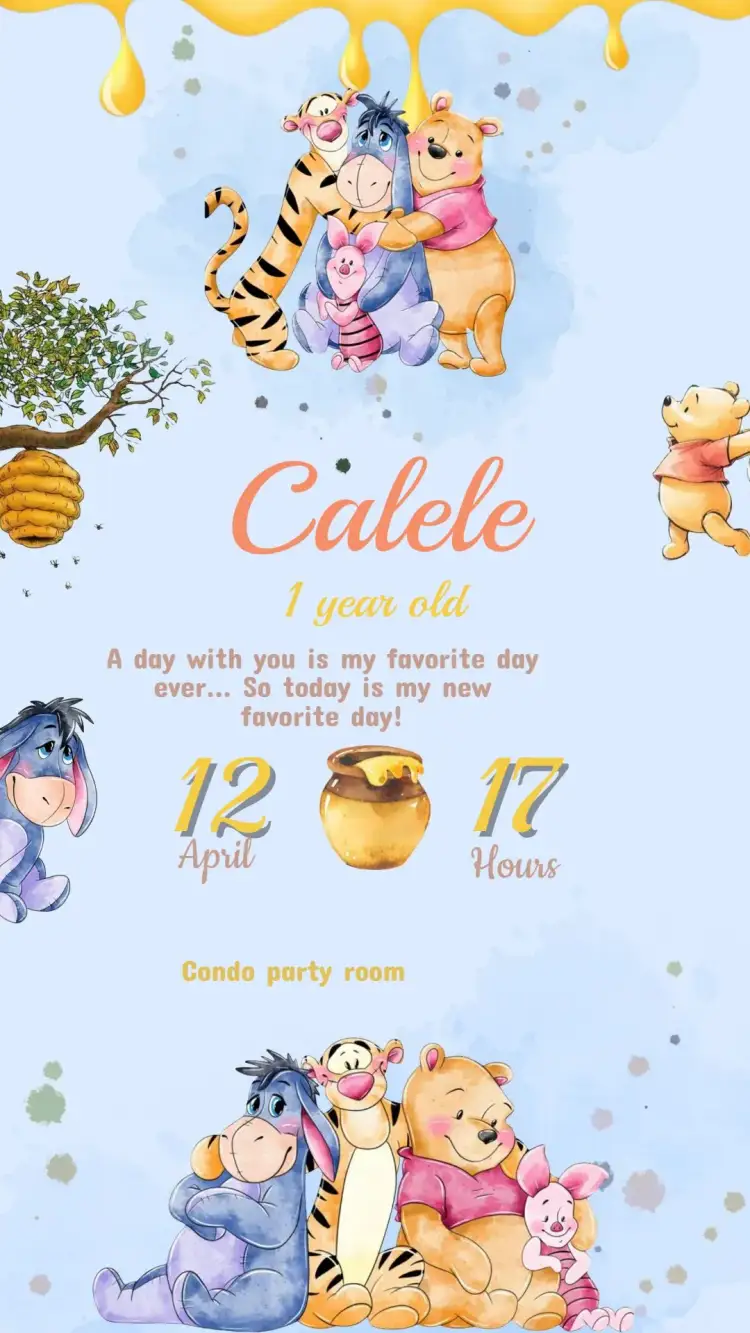 Invitation Winnie the Pooh Birthday Invitation – Kids' Birthday Party theme fun, colorful, childish, cute illustrations, animal theme, playful style