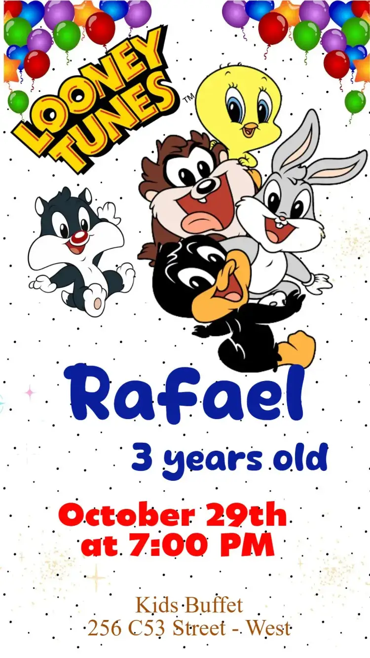 Invitation Looney Tunes – Kids' Birthday Party theme colorful, fun, themed, lively, childlike