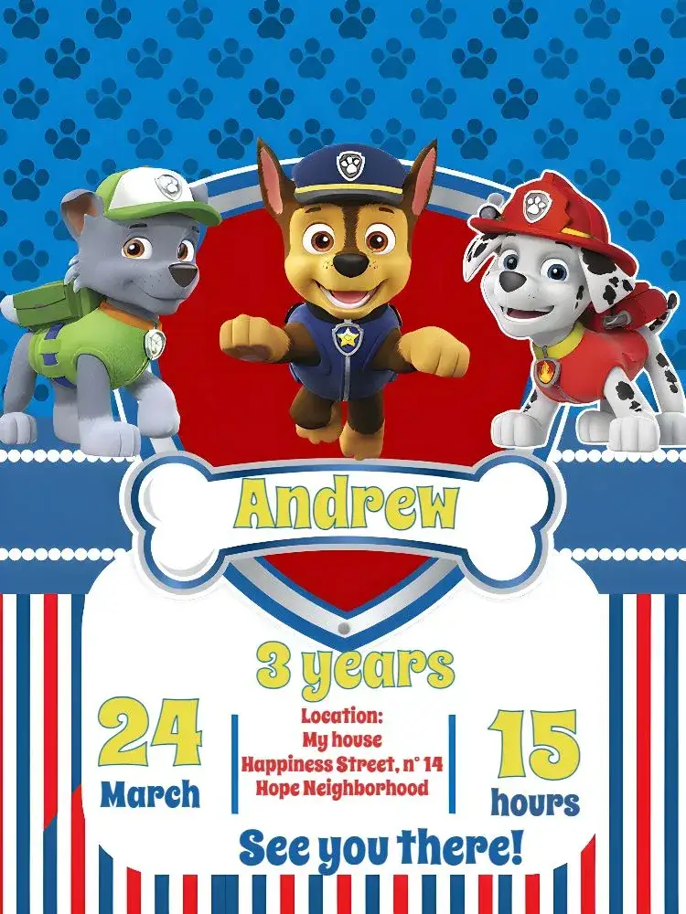 Invitation Paw Patrol Dog – Kids' Birthday Party theme colorful, fun-filled, themed, child-friendly, animals, adventure