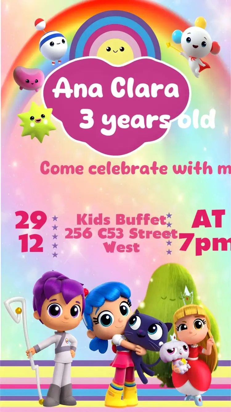 Invitation Vera and the Rainbow Kingdom – Kids' Birthday Party theme colorful, fantasy-themed, sparkling, fun-filled, magical, illustrative