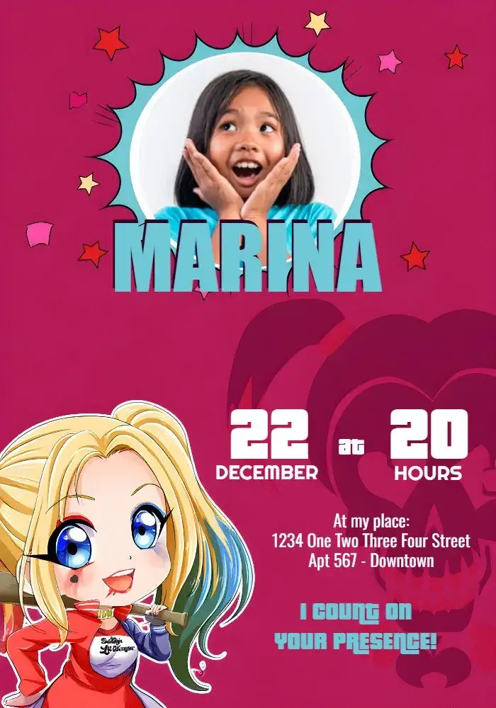 Invitation Harley Quinn With White Photo – Kids' Birthday Party theme colorful, modern, comics, fun, feminine