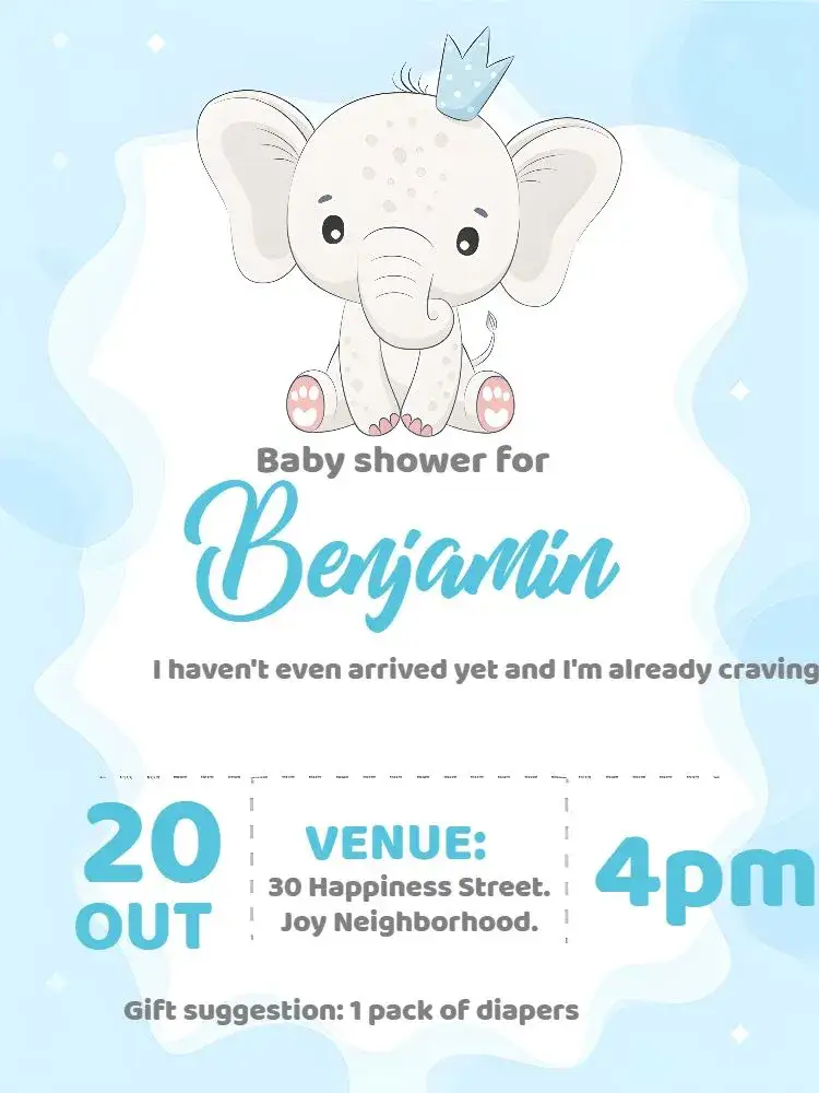 Invitation Elephant White Diaper Shower – Diaper Shower theme modern, minimalist, childish, white and blue, cute illustrations