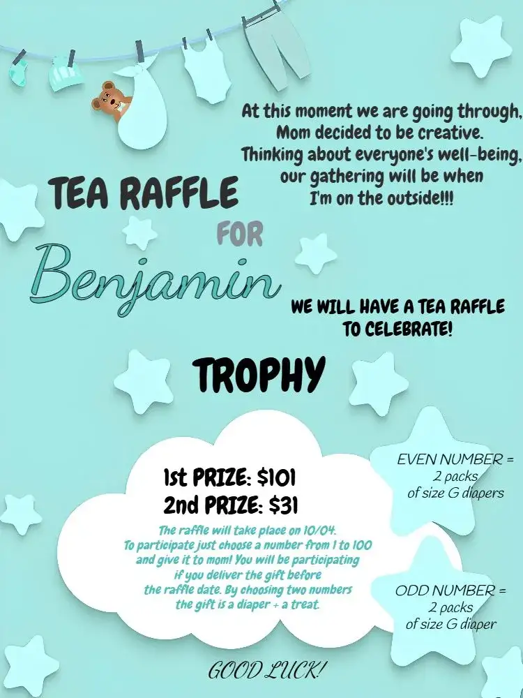 Invitation Blue Baby Clothesline Raffle Tea – Raffle Tea theme blue, white, black, clouds, stars, modern