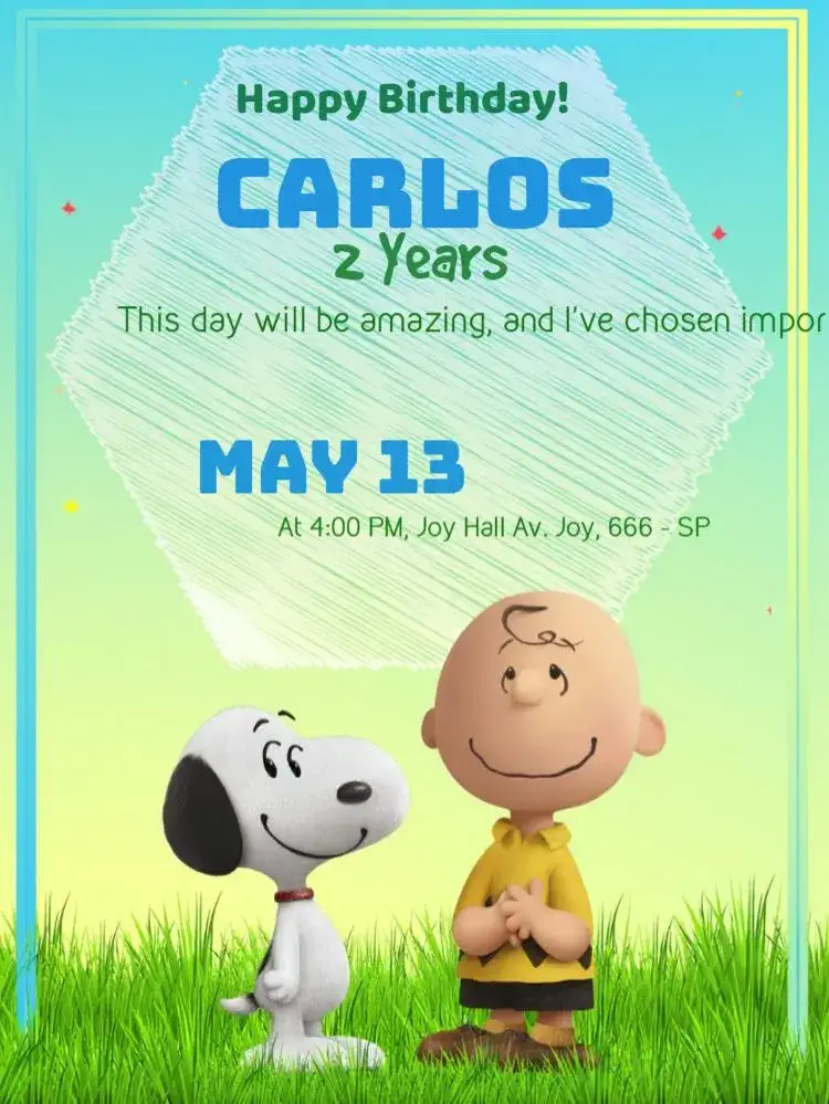 Invitation Snoopy And Charlie Brown's Gang – Kids' Birthday Party theme fun, playful, colorful, themed, childlike, contemporary