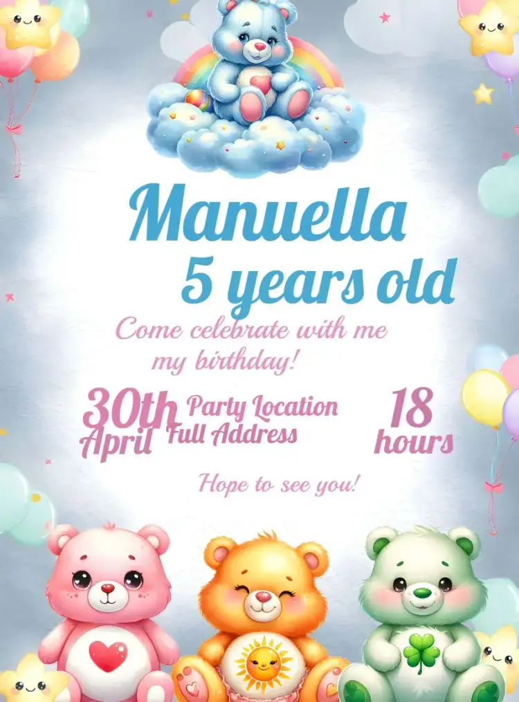 Invitation Care Bears Bears – Kids' Birthday Party theme colorful, playful, childlike, cute, fun, cheerful