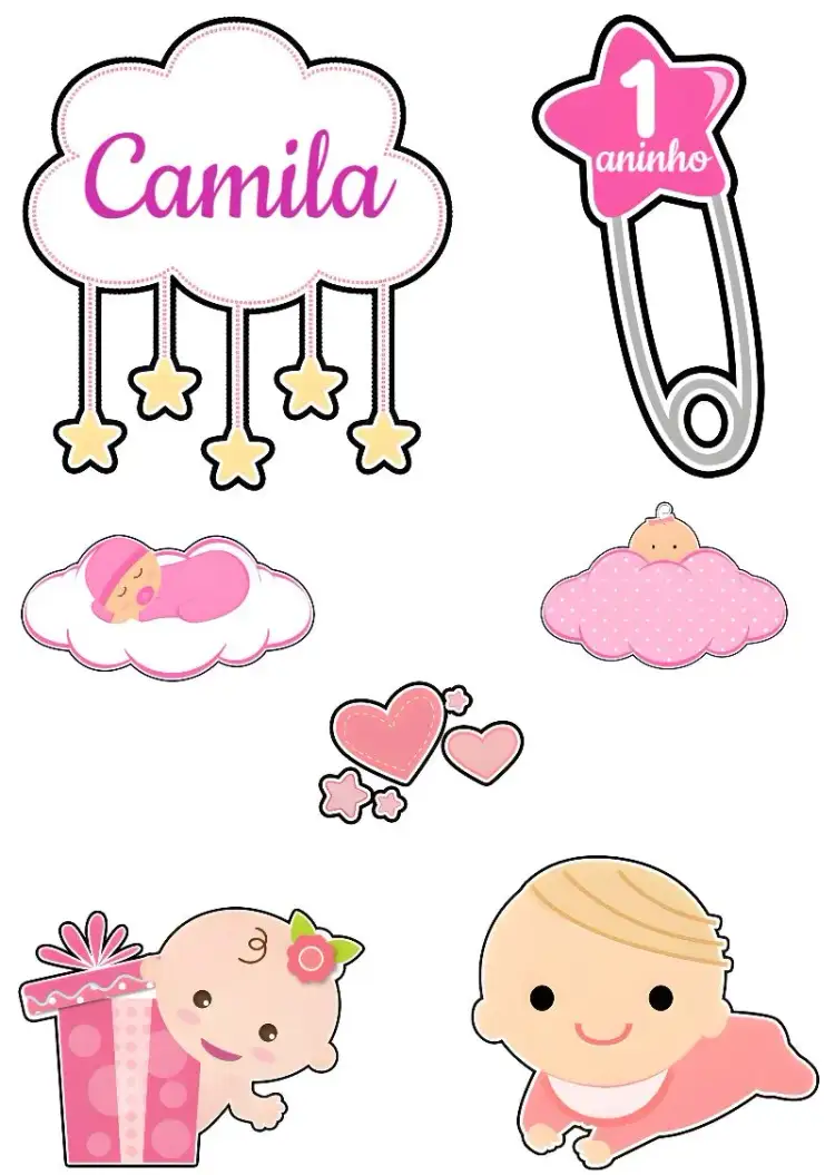 Invitation Baby Girl Cake Topper Clip – Cake topper theme pink, white, clouds, hearts, delicate, childish