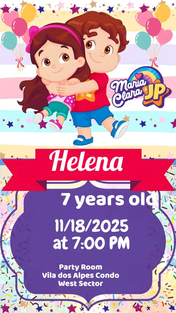 Invitation Maria Clara and JP – Kids' Birthday Party theme colorful, playful, themed, fun-filled, cheerful