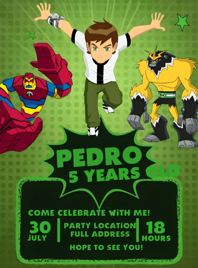 Invitation Ben 10 Boy – Kids' Birthday Party theme green, black, superhero theme, modernity, adventure, fun
