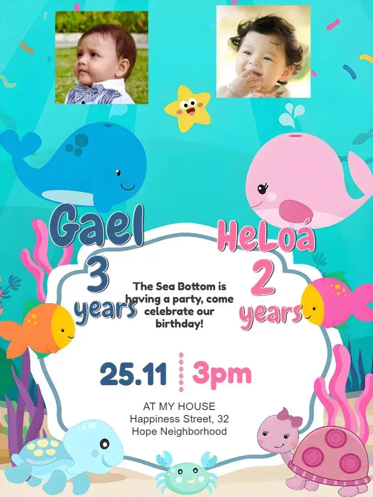 Invitation Double Under the Sea With Pink Photo – Kids' Birthday Party theme under the sea, colorful, fun-filled, childlike, themed, marine