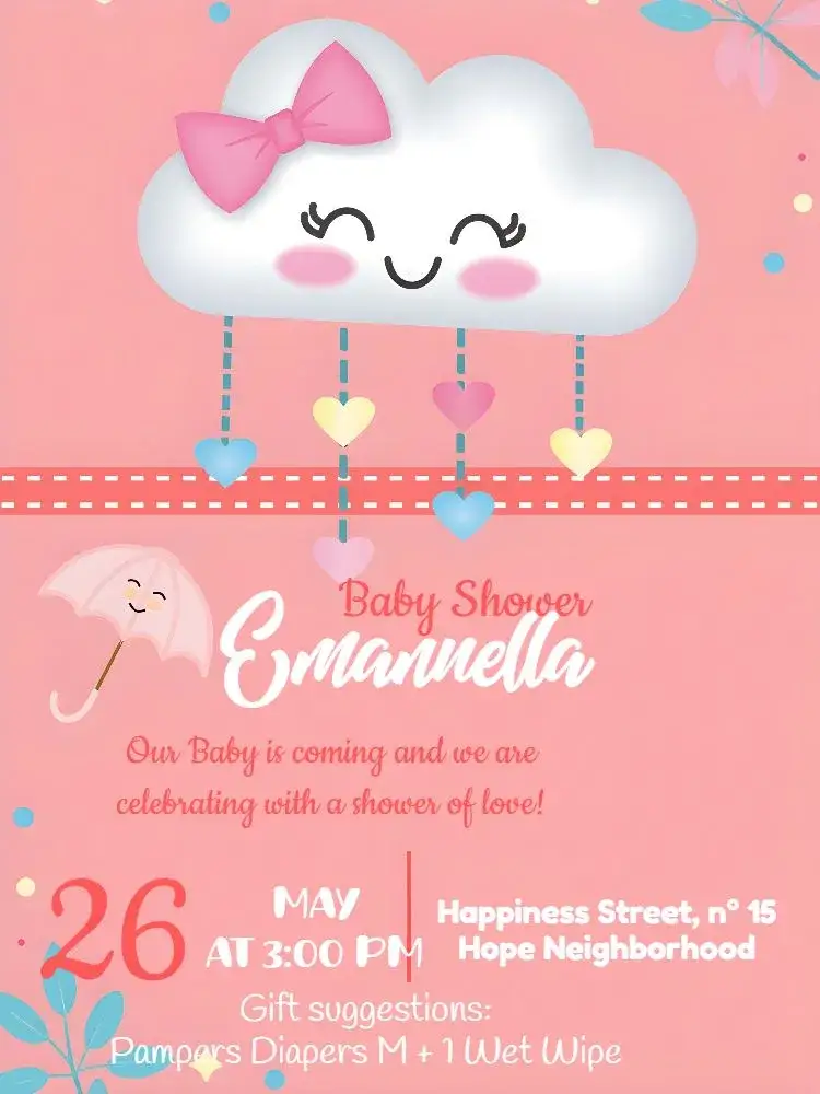 Invitation Baby Shower Rain of Love Pink – Diaper Shower theme pink, white, blue, striped, delicate, charming
