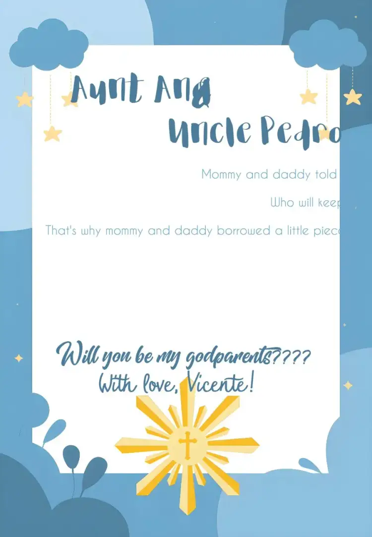 Invitation Godparents Baptism Godmothers – First Communion theme minimalist design, shades of blue, religious elements, delicate design, modern style