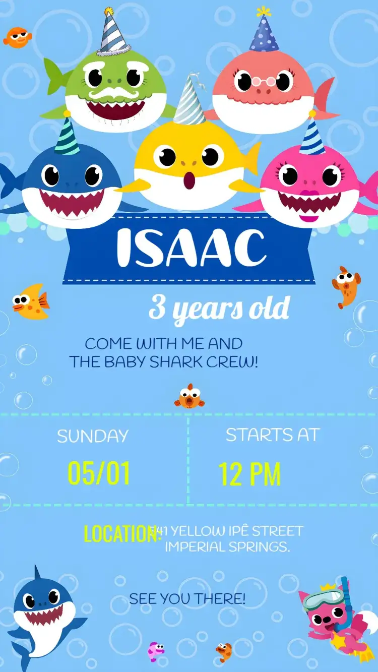 Invitation Baby Shark Kids – Most searched for theme navy blue, colorful, childlike, fun, vibrant, playful