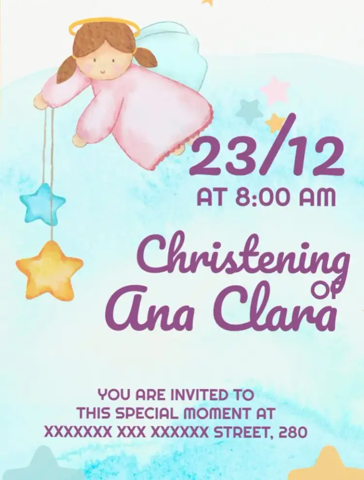 Invitation Girl Baptism Purple Angel – Baptism theme purple and orange, little angels, little birds, modern style, delicate design, religious elements