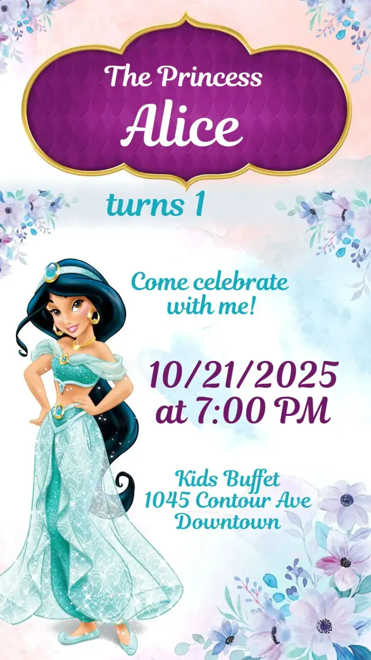 Invitation Princess Jasmine – Kids' Birthday Party theme vibrant colors, fairy tale elements, superhero illustrations, modern style, magical, fantasy