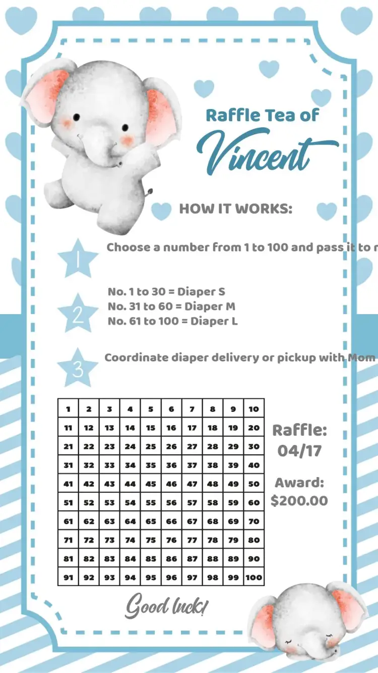 Invitation Elephant Prize Tea Raffle – Raffle Tea theme blue and white, minimalist, fun, childlike, modern, animal illustration