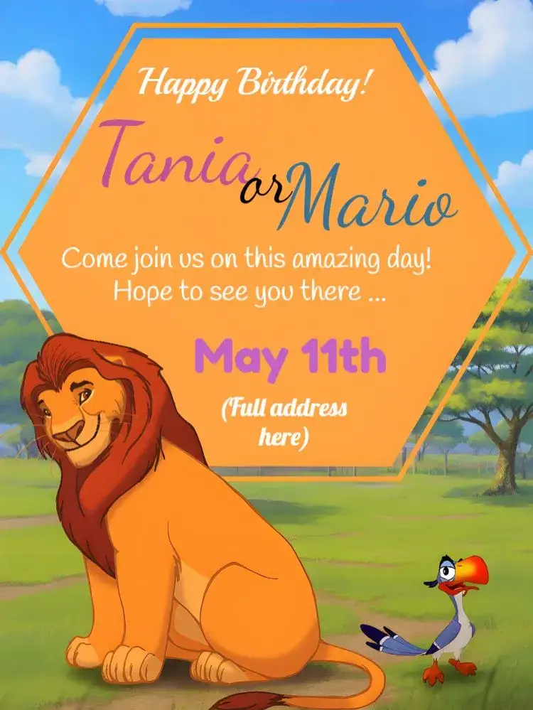 Invitation Lion King Drawing – Kids' Birthday Party theme vibrant, colorful, safari-themed, fun illustrations, cartoon style, nature elements