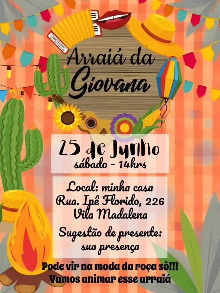 Invitation Arraiá Festa Junina Sertanejo – Commemorative Dates theme colorful, traditional, country music, rustic, vibrant, festive