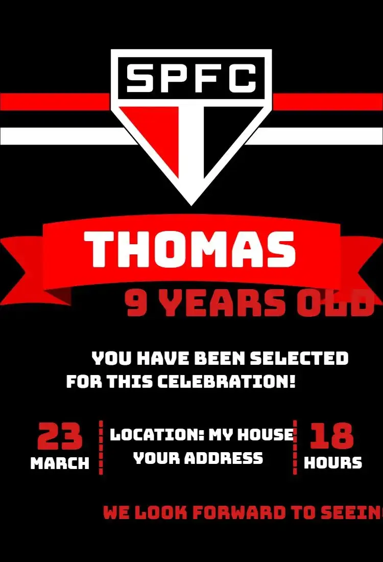 Invitation São Paulo 2 – Birthday theme modern, soccer, vibrant colors, urban style, dynamic graphics