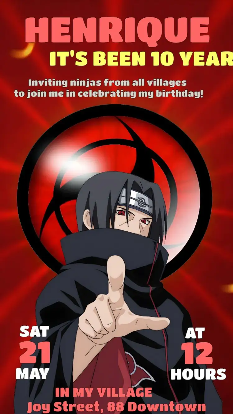 Invitation Itachi Red Naruto – Kids' Birthday Party theme vibrant red, ninja, anime, adventure, youthful, fun