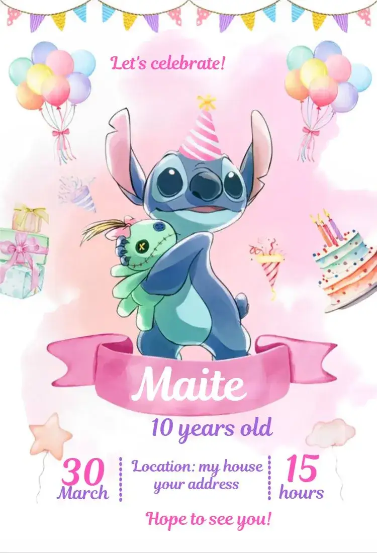 Invitation Stitch 1 – Kids' Birthday Party theme pink, fun, themed, children's, colorful, illustrative