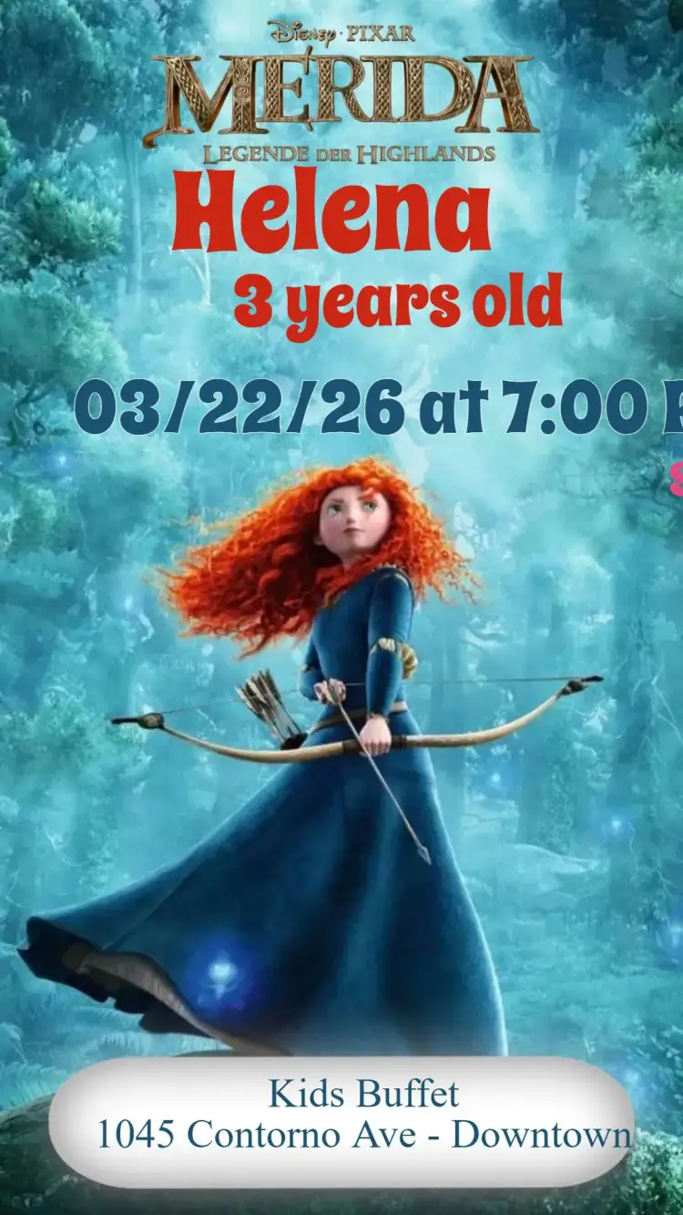 Invitation Merida – Kids' Birthday Party theme adventure, Scottish, colorful, fun illustration, magical, movie-themed