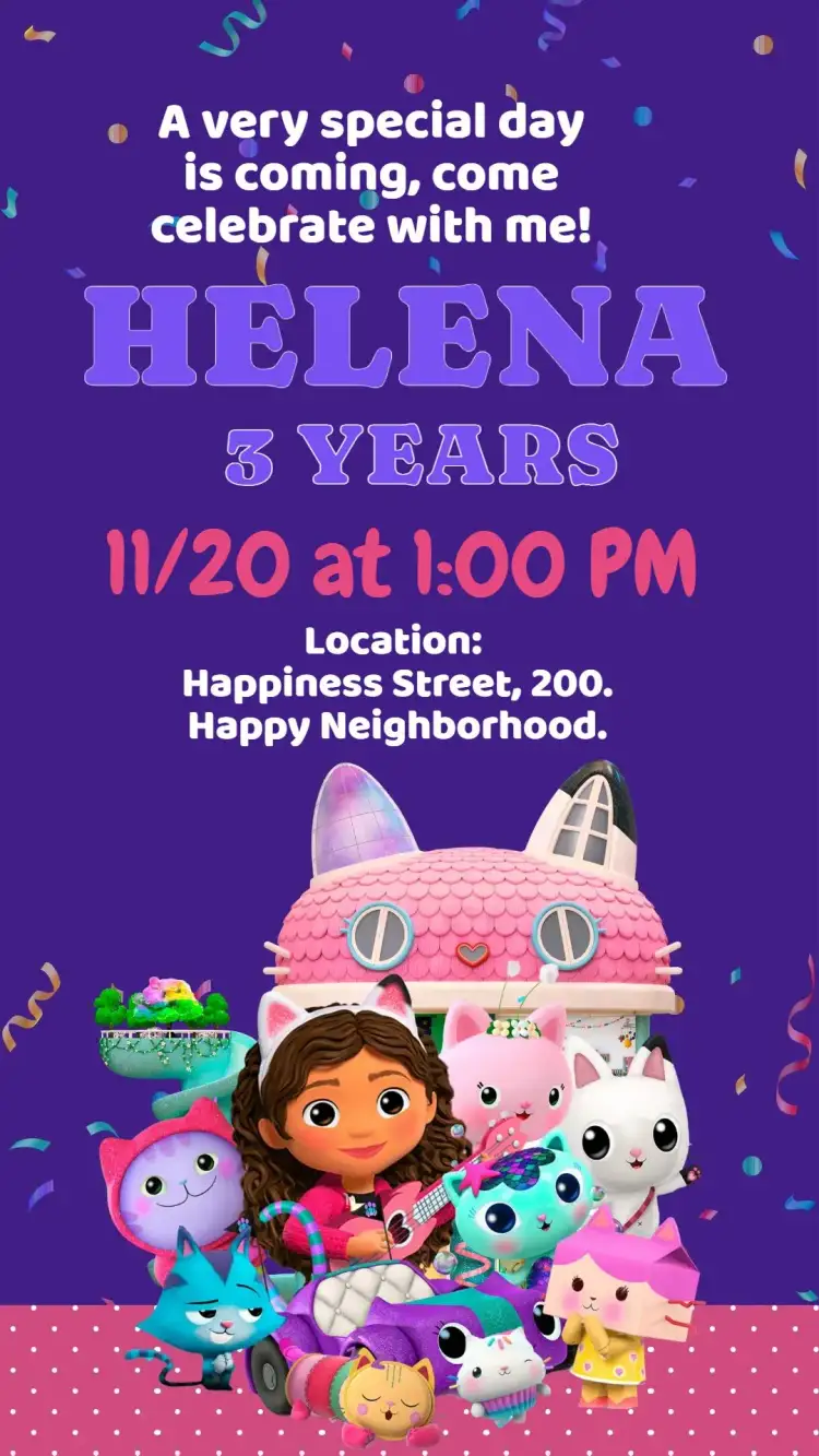 Invitation Gabby's Magic House Birthday – Kids' Birthday Party theme vibrant colors, magical elements, playful style, childish design, cat theme