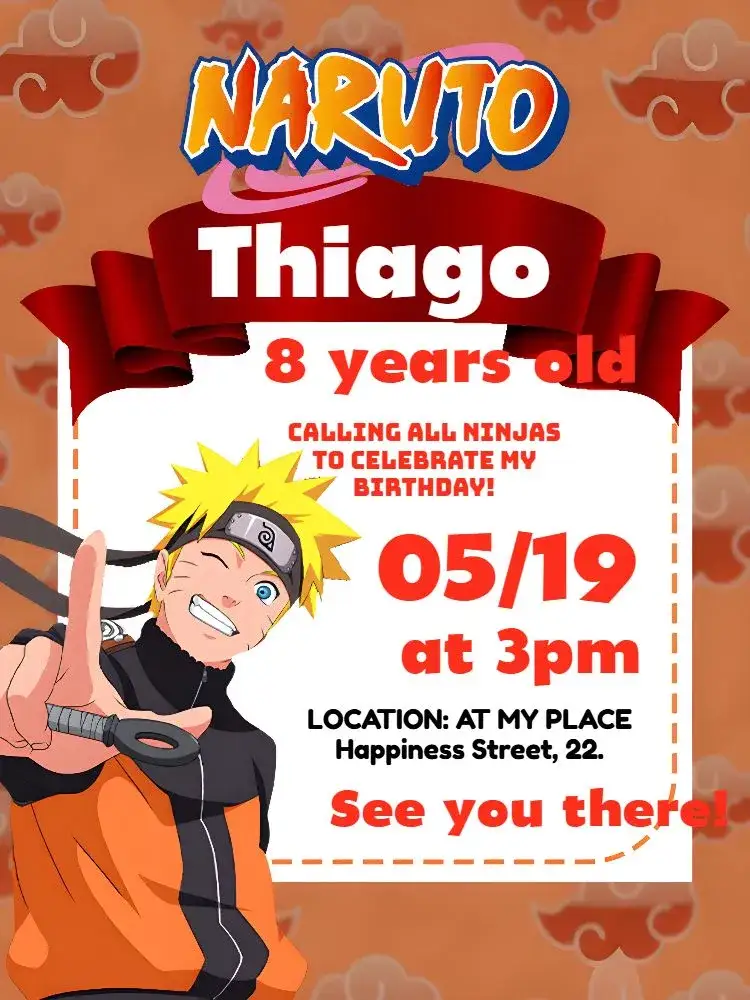 Invitation Red Naruto – Kids' Birthday Party theme red, orange, anime, ninja, adventure, themed