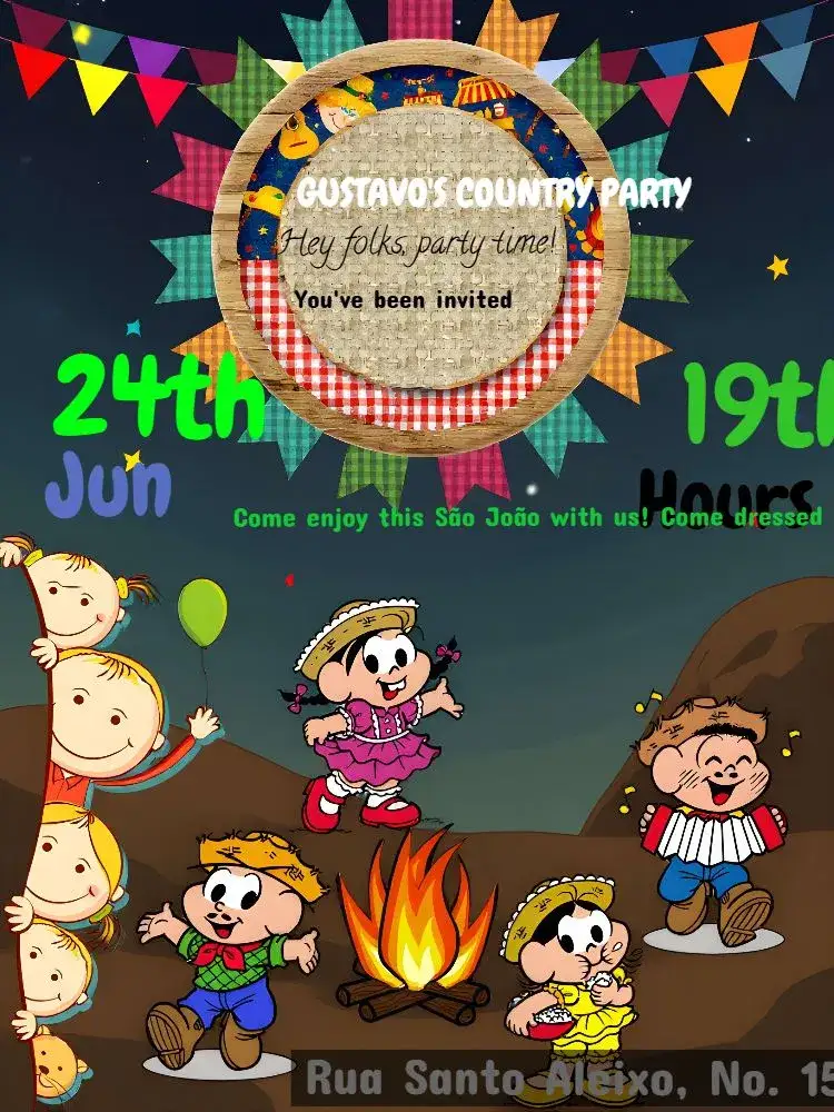 Invitation Arraiá Turma Da Mônica Junina – Kids' Birthday Party theme junino, colorful, children's, fun-filled, tropical, illustration