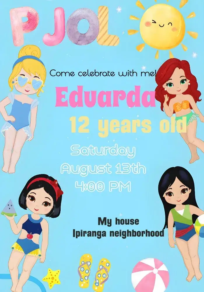 Invitation Adult Princesses Pool Party – Birthday theme vibrant colors, playful style, princess graphic elements, inspired by fairy tales, pool theme, modern design
