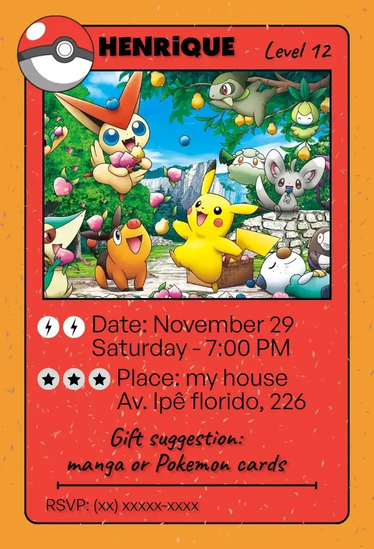 Invitation Pokemon Card – Sweet 15 theme colorful, funny, anime, youthful, themed
